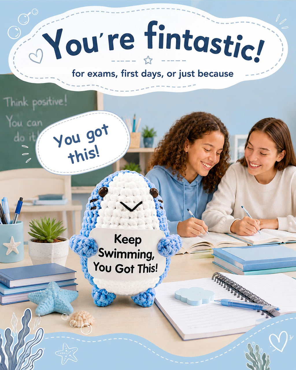 Grepacs Handmade Crochet Emotional Support Shark – Encouragement Gift for Graduation, Office Desk Decor, Birthday