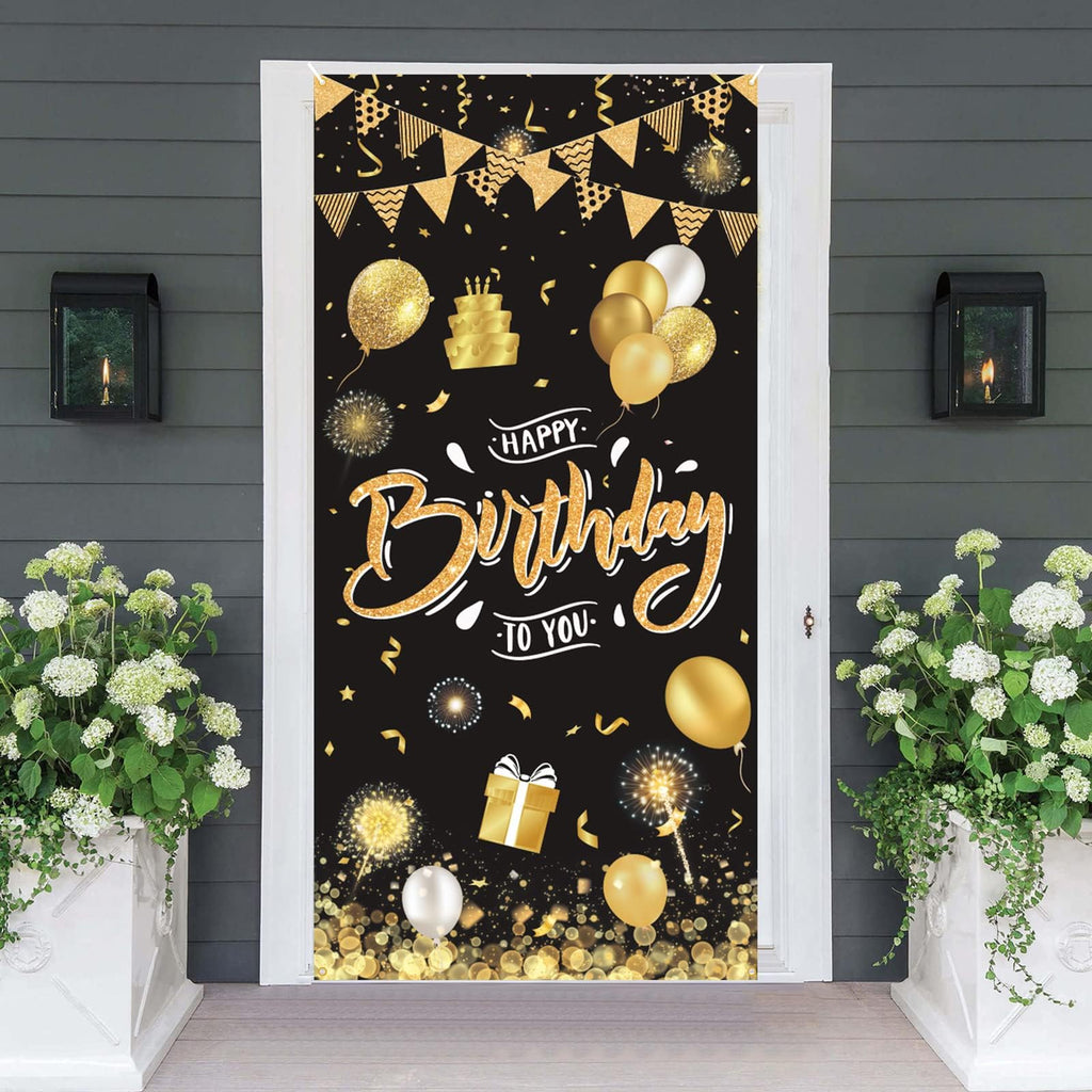 GRESATEK Black Gold Happy Birthday Door Banner – 6x2.95 ft Fabric Backdrop with Hanging Rope for Indoor & Outdoor Party Decor