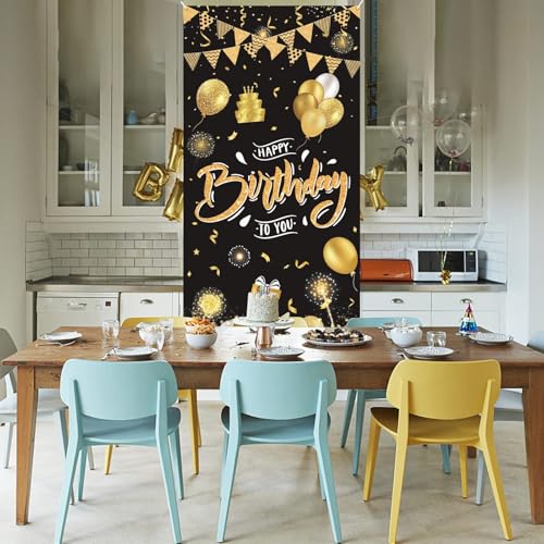 GRESATEK Black Gold Happy Birthday Door Banner – 6x2.95 ft Fabric Backdrop with Hanging Rope for Indoor & Outdoor Party Decor