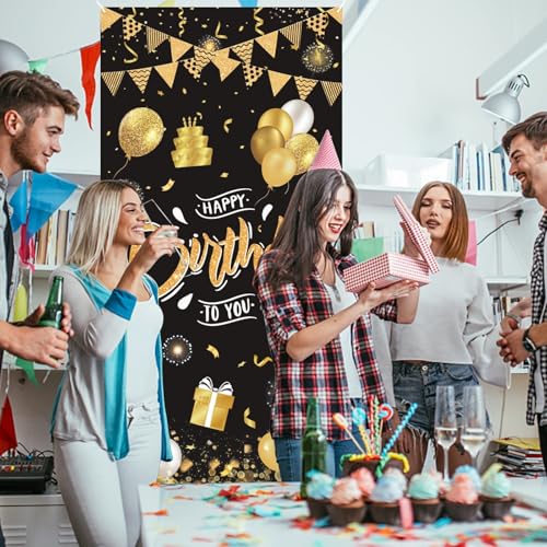 GRESATEK Black Gold Happy Birthday Door Banner – 6x2.95 ft Fabric Backdrop with Hanging Rope for Indoor & Outdoor Party Decor