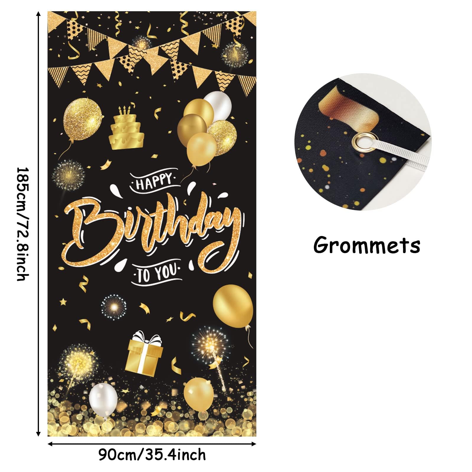 GRESATEK Black Gold Happy Birthday Door Banner – 6x2.95 ft Fabric Backdrop with Hanging Rope for Indoor & Outdoor Party Decor