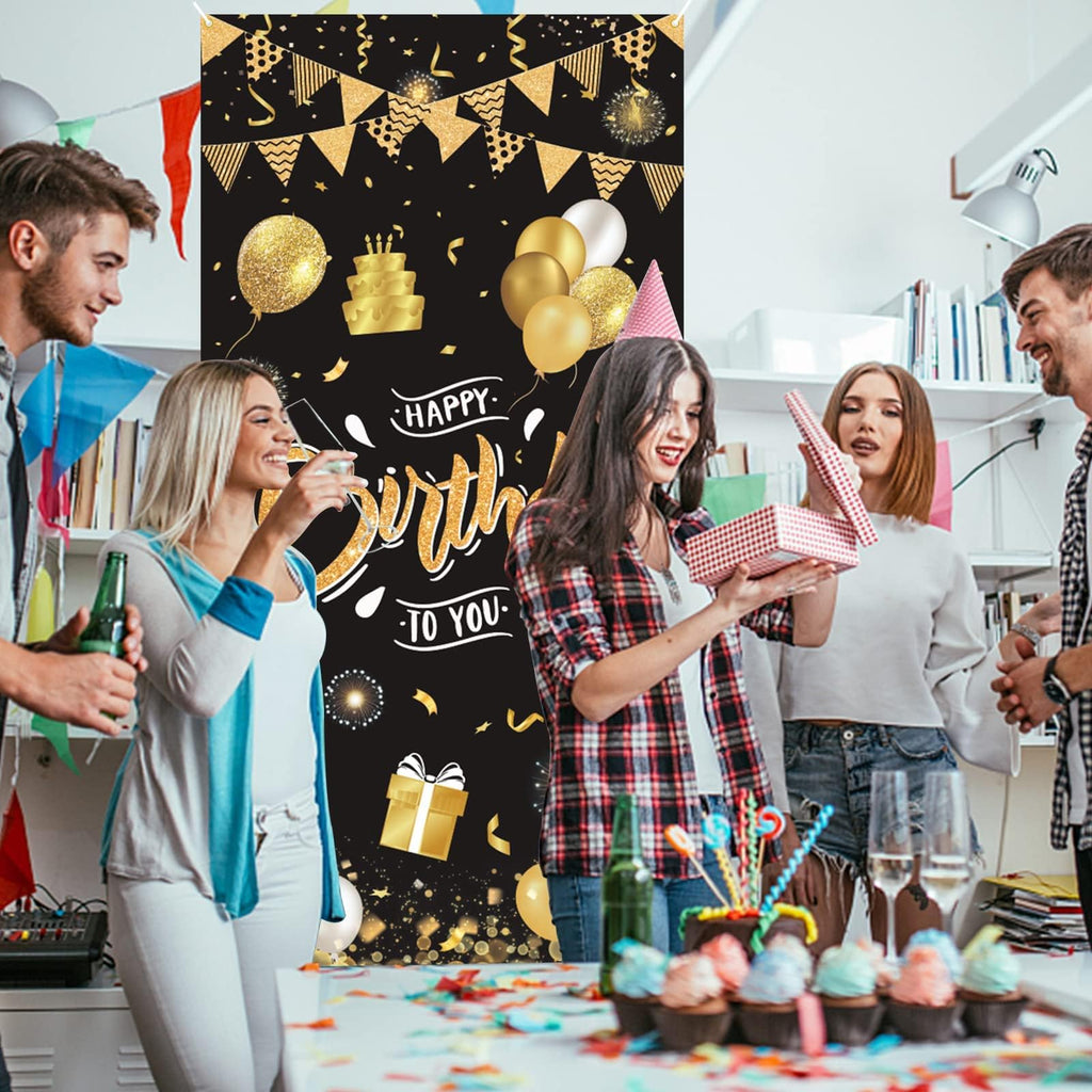 GRESATEK Black Gold Happy Birthday Door Banner – 6x2.95 ft Fabric Backdrop with Hanging Rope for Indoor & Outdoor Party Decor