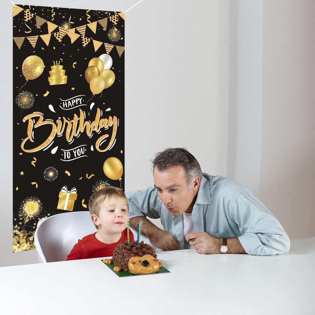 GRESATEK Black Gold Happy Birthday Door Banner – 6x2.95 ft Fabric Backdrop with Hanging Rope for Indoor & Outdoor Party Decor