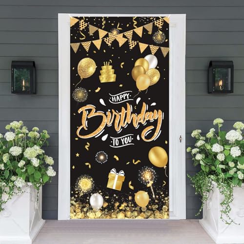 GRESATEK Black Gold Happy Birthday Door Banner – 6x2.95 ft Fabric Backdrop with Hanging Rope for Indoor & Outdoor Party Decor
