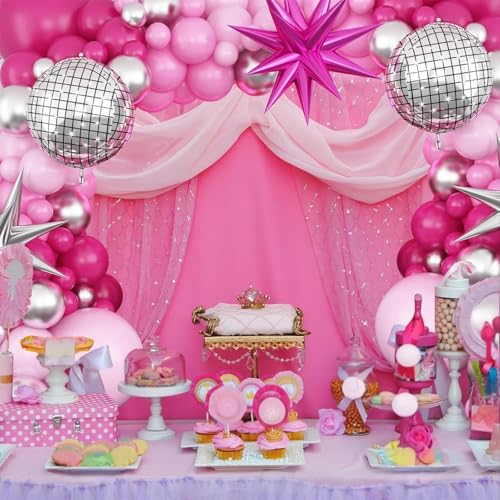 GRESATEK Hot Pink and Silver Balloon Arch Garland - 108 Piece Party Decor with Star Foil and Disco Balloons