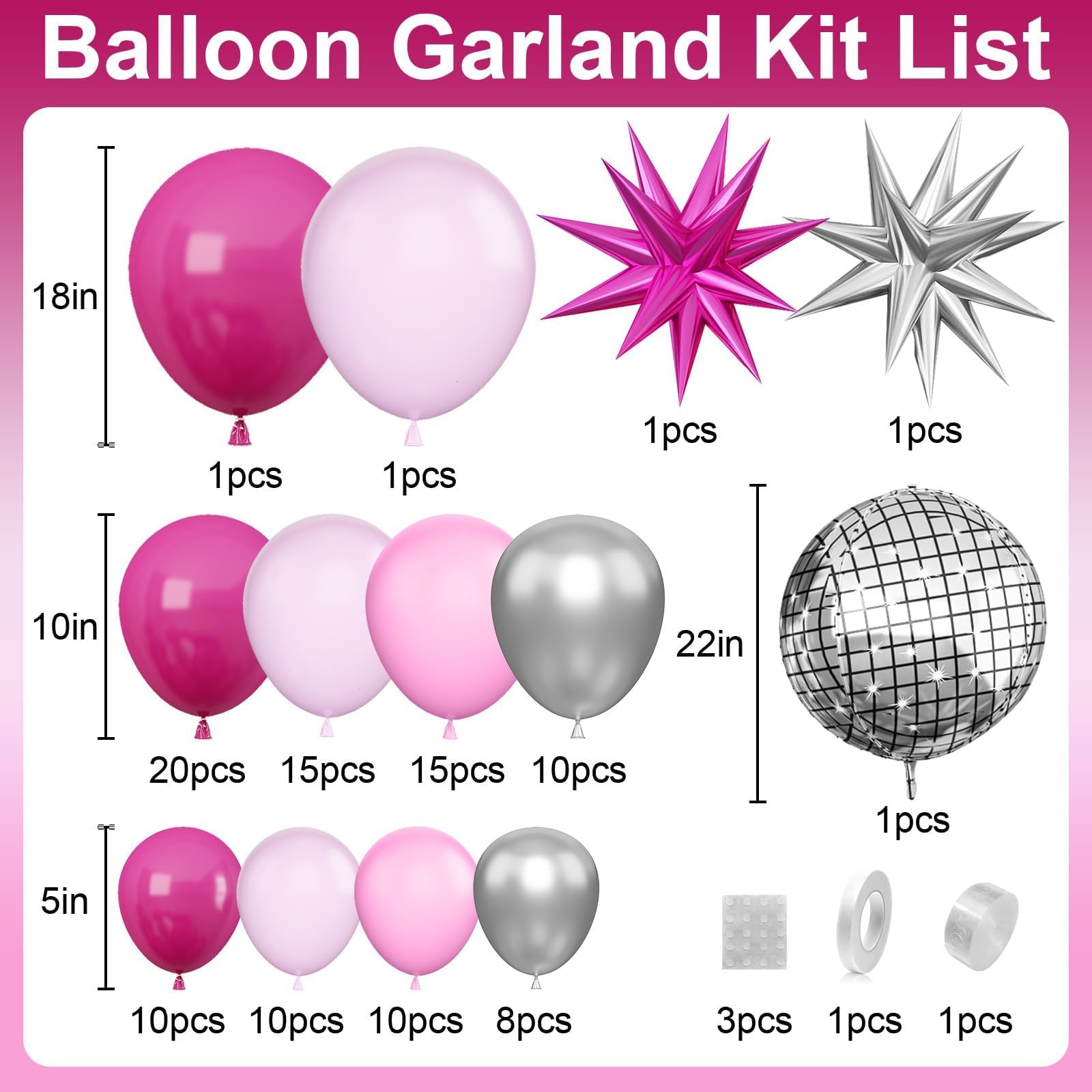 GRESATEK Hot Pink and Silver Balloon Arch Garland - 108 Piece Party Decor with Star Foil and Disco Balloons