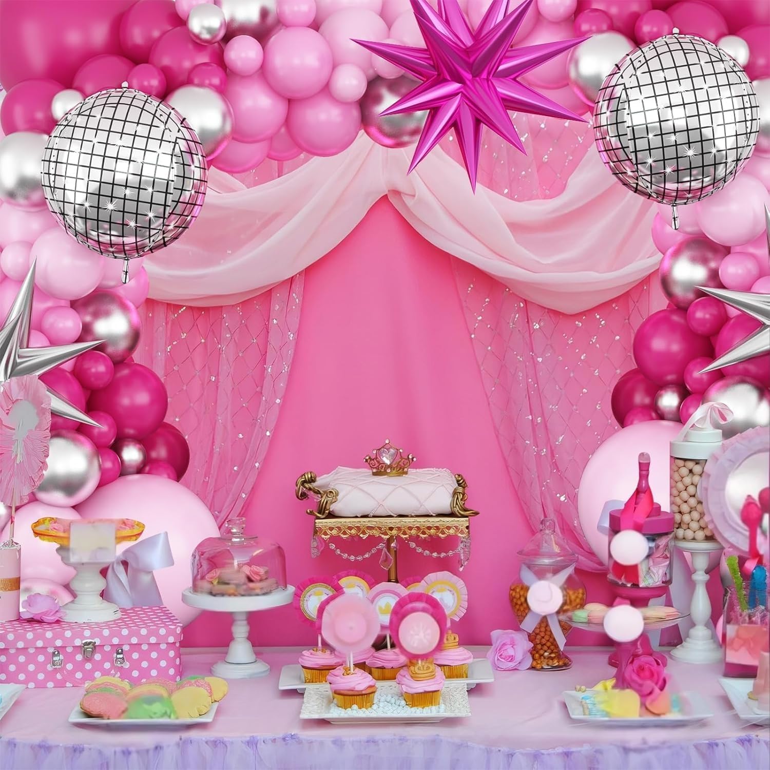 GRESATEK Hot Pink and Silver Balloon Arch Garland - 108 Piece Party Decor with Star Foil and Disco Balloons