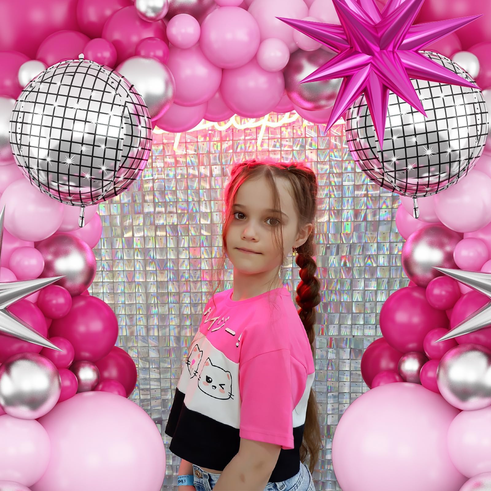GRESATEK Hot Pink and Silver Balloon Arch Garland - 108 Piece Party Decor with Star Foil and Disco Balloons
