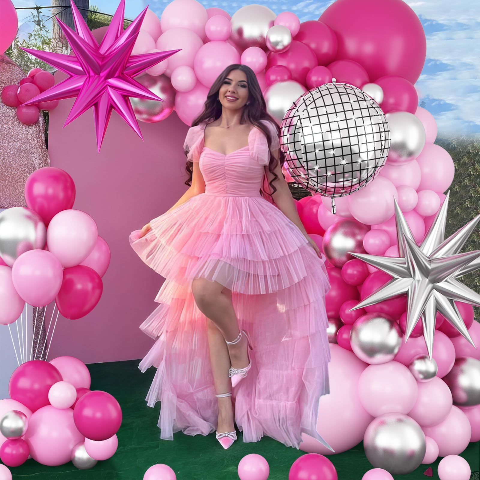 GRESATEK Hot Pink and Silver Balloon Arch Garland - 108 Piece Party Decor with Star Foil and Disco Balloons
