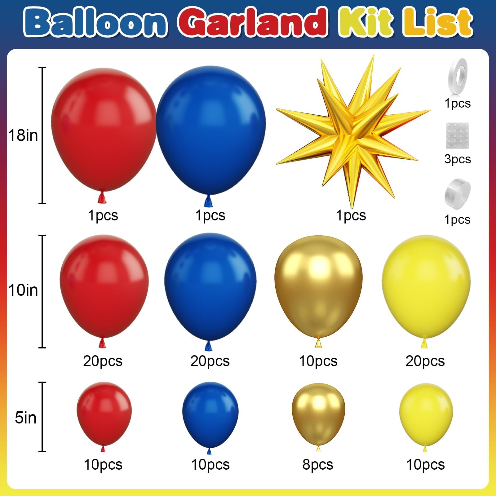 GRESATEK Red Yellow Blue Balloon Garland Kit with Gold Accents for Carnival Circus Parties