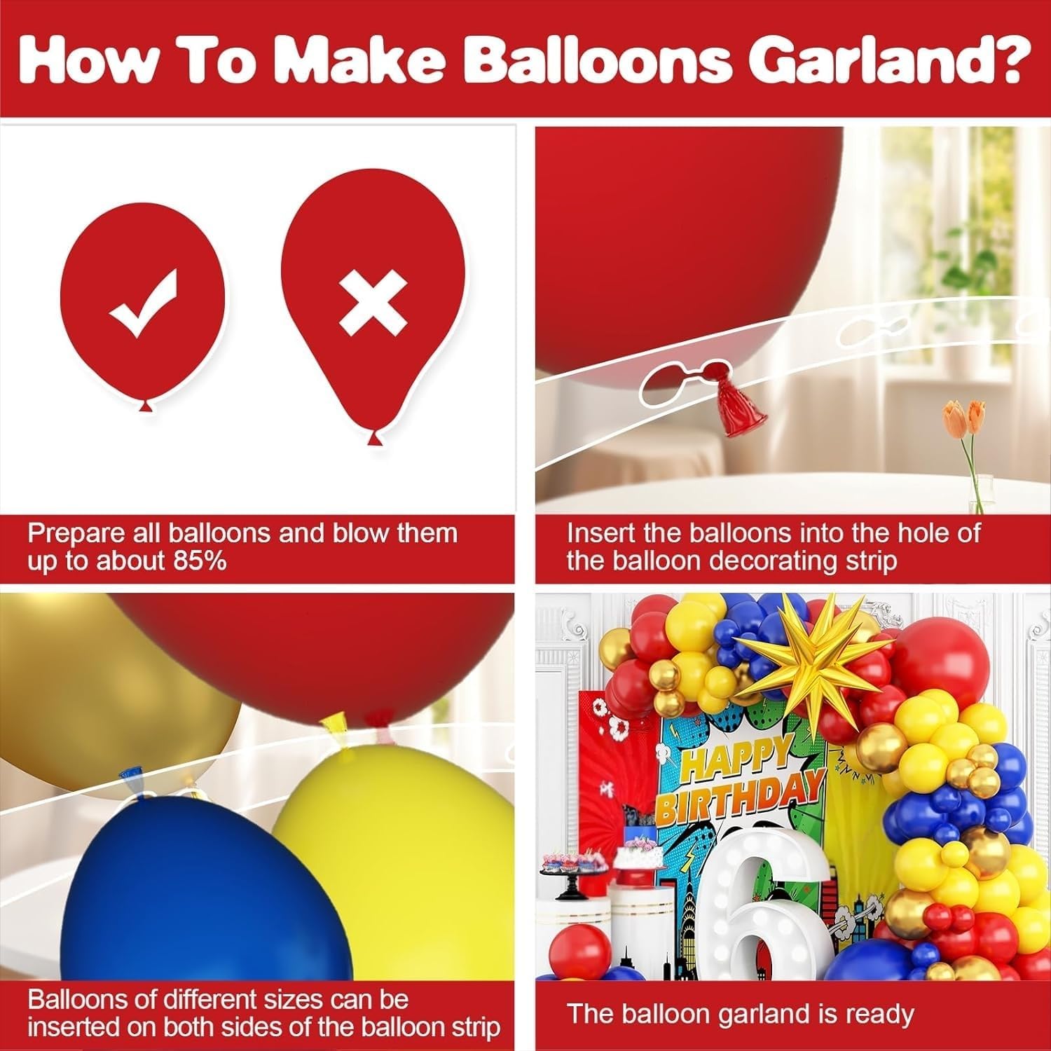 GRESATEK Red Yellow Blue Balloon Garland Kit with Gold Accents for Carnival Circus Parties