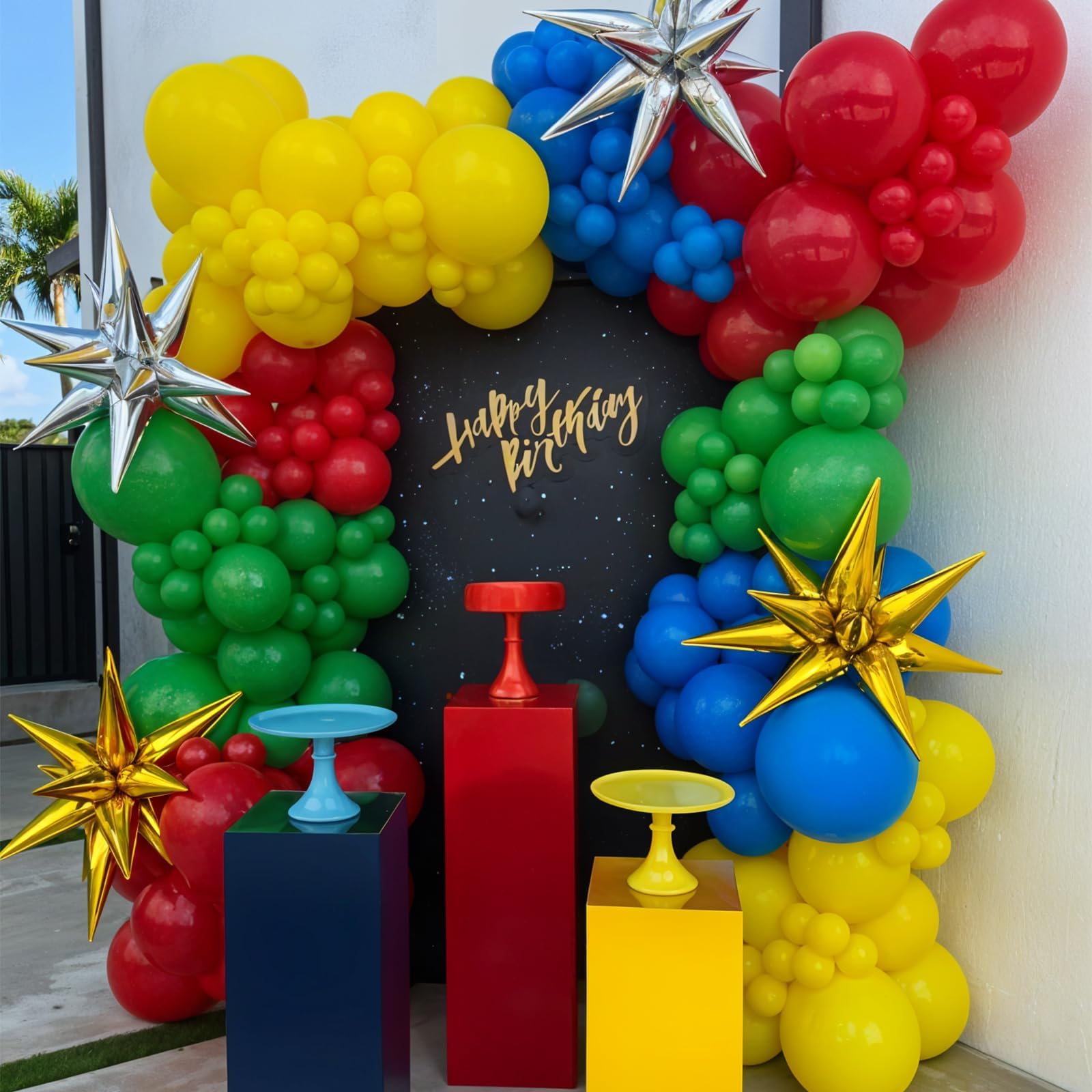 GRESATEK Red Yellow Blue Balloon Garland Kit with Gold Accents for Carnival Circus Parties