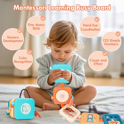 GRESEESM Montessori Busy Board for 1 Year Old – Sensory Travel Toy with 7 Activities, Safe & Portable