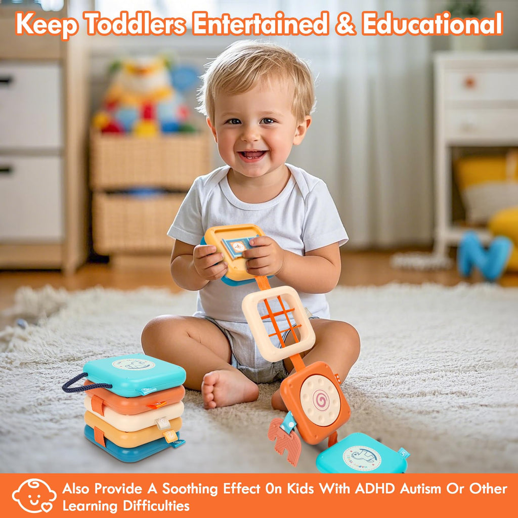 GRESEESM Montessori Busy Board for 1 Year Old – Sensory Travel Toy with 7 Activities, Safe & Portable
