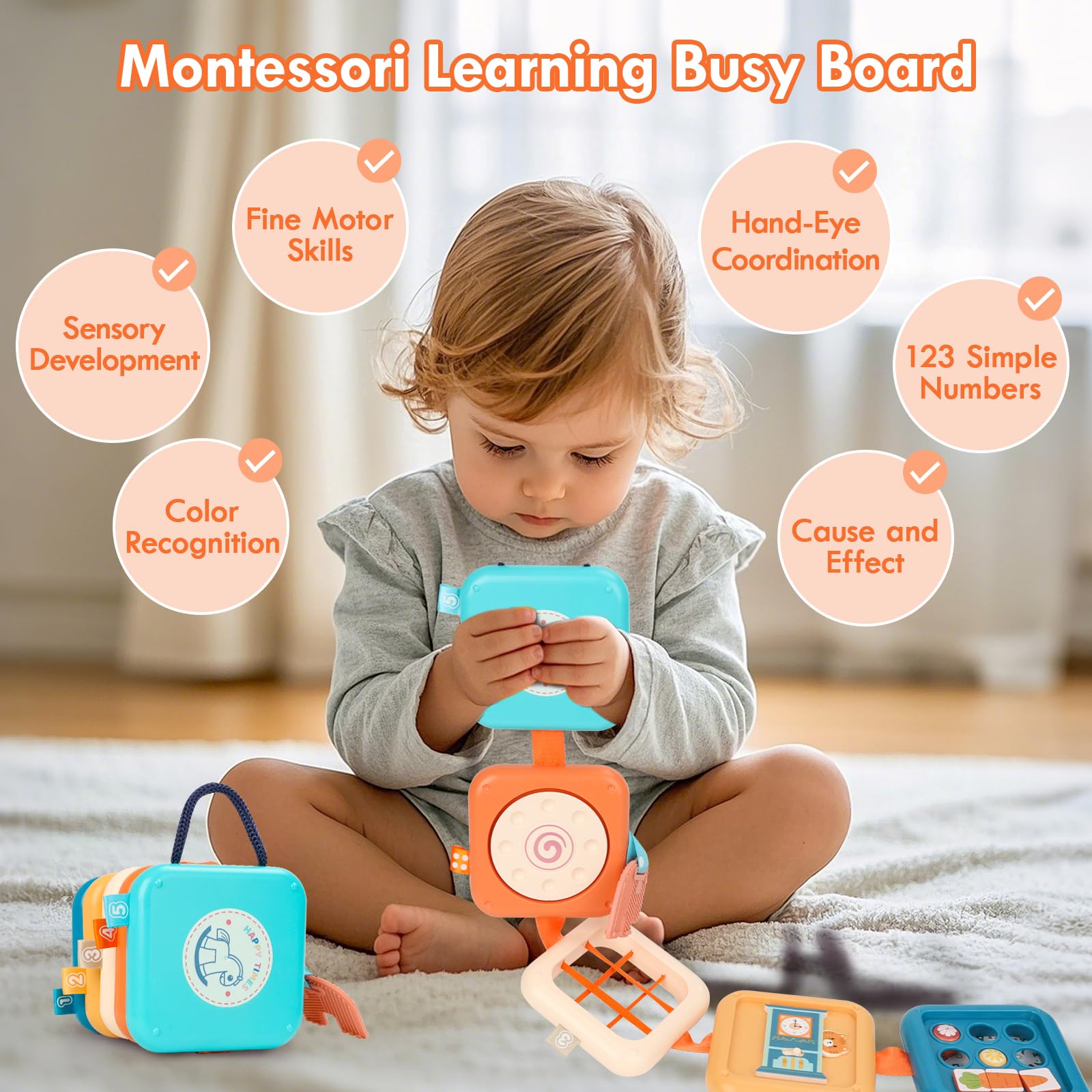 GRESEESM Montessori Busy Board for 1 Year Old – Sensory Travel Toy with 7 Activities, Safe & Portable