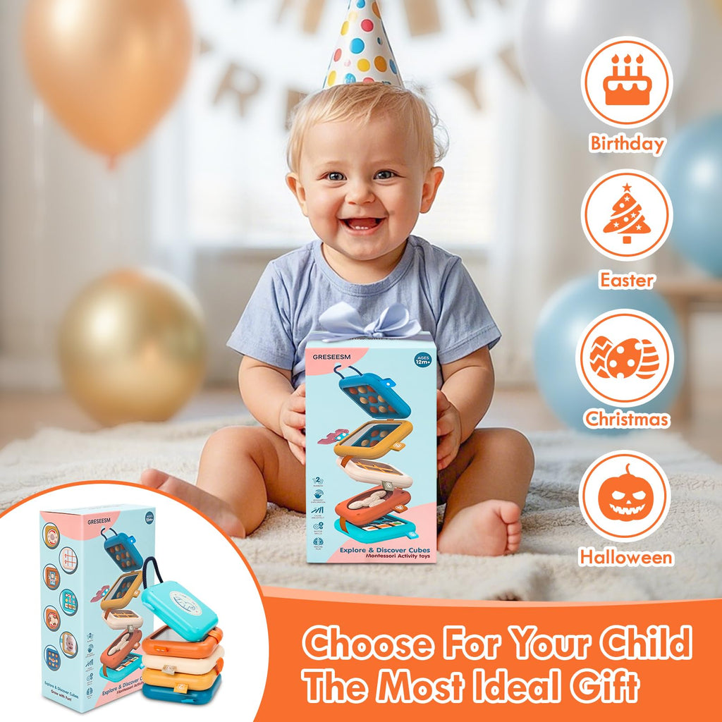 GRESEESM Montessori Busy Board for 1 Year Old – Sensory Travel Toy with 7 Activities, Safe & Portable