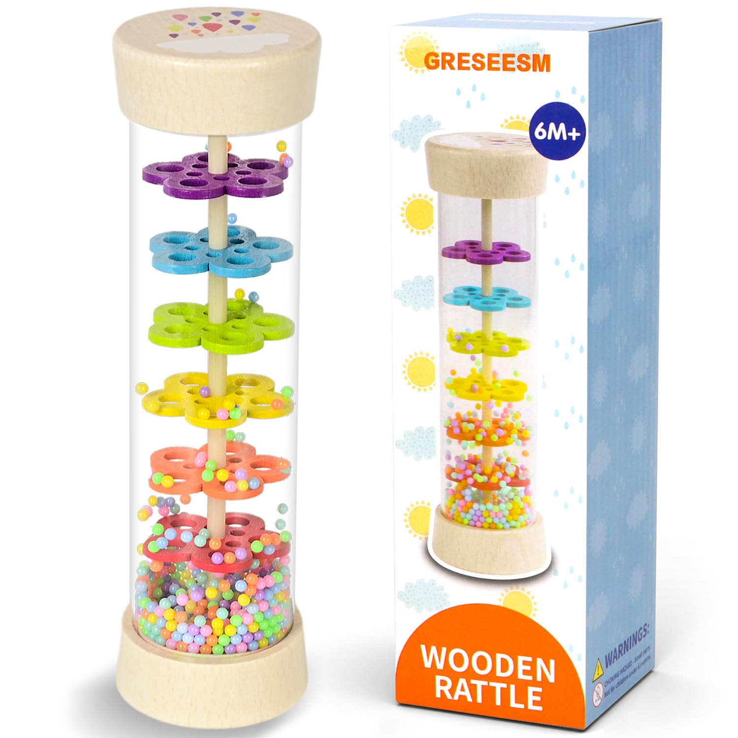 GRESEESM Rain Stick - 7.7 Inch Wooden Rainmaker for Babies 6-12 Months & Toddlers, Sensory Musical Toy