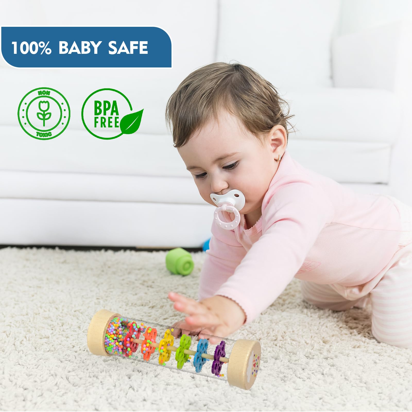 GRESEESM Rain Stick - 7.7 Inch Wooden Rainmaker for Babies 6-12 Months & Toddlers, Sensory Musical Toy