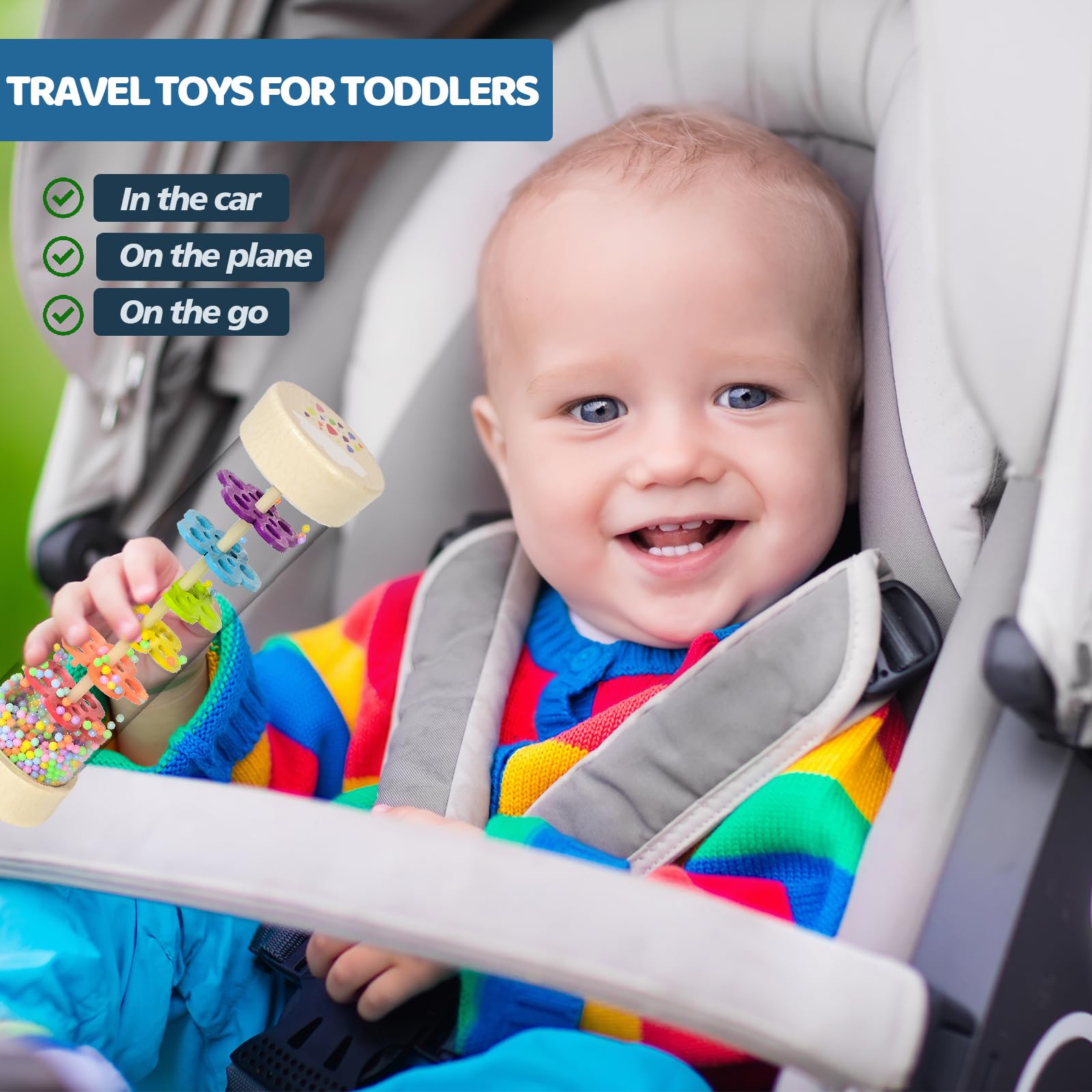GRESEESM Rain Stick - 7.7 Inch Wooden Rainmaker for Babies 6-12 Months & Toddlers, Sensory Musical Toy
