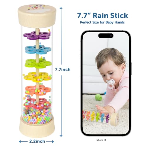 GRESEESM Rain Stick - 7.7 Inch Wooden Rainmaker for Babies 6-12 Months & Toddlers, Sensory Musical Toy