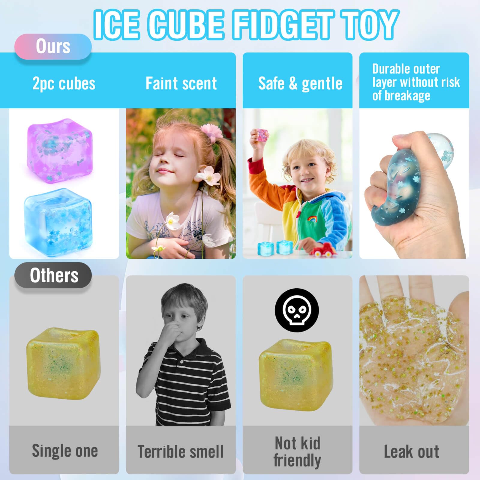 Gretex 2-Pack Squishy Ice Cube Stress Balls – Blue & Purple Sensory Fidget Toys for All Ages