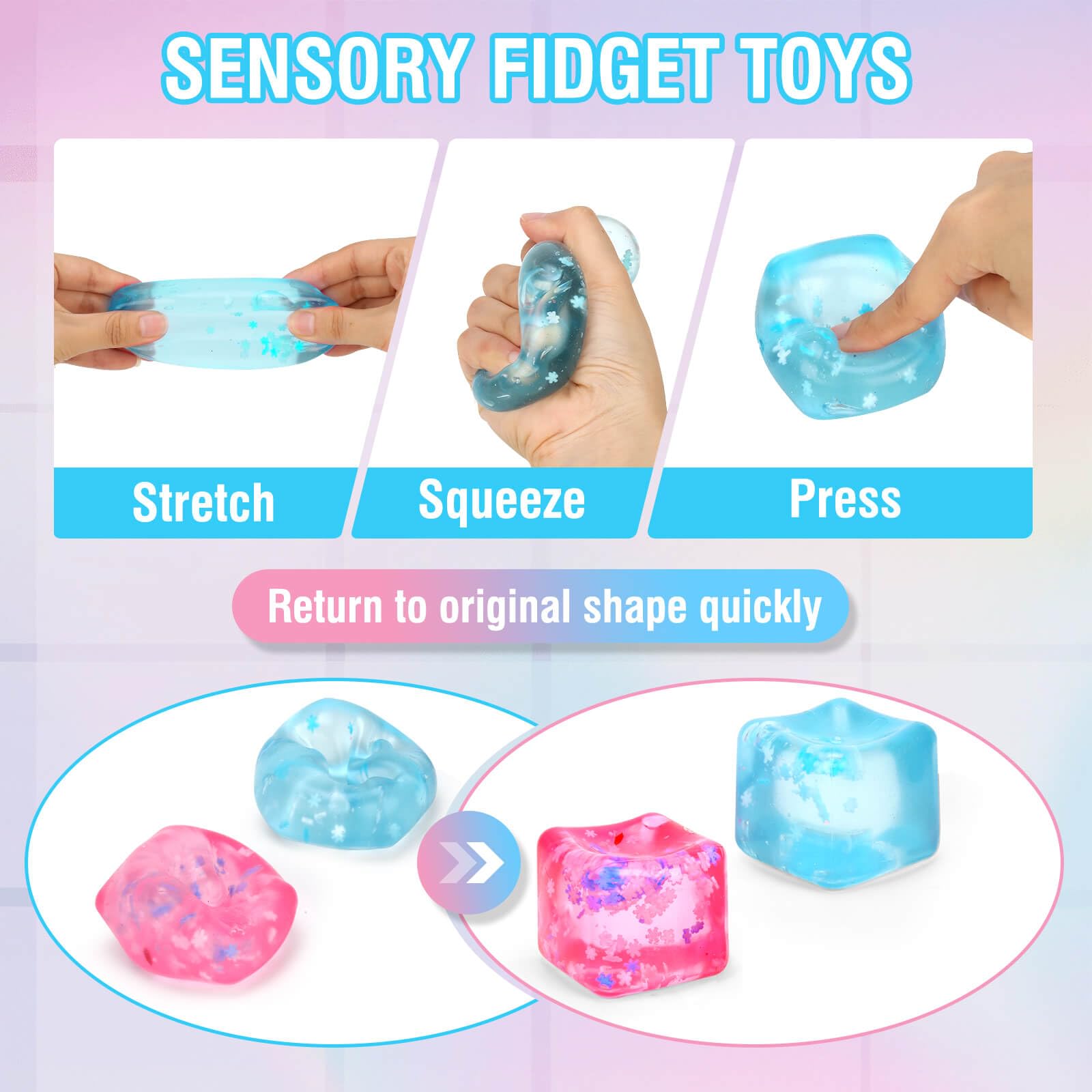 Gretex 2-Pack Squishy Stress Cubes – Soft Fidget Ice Cube Toys with Snowflakes & Fragrance for Kids, Teens, Adults