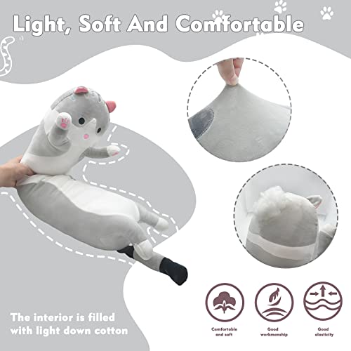 Grey Long Cat Plush Pillow - 19.6in Kawaii Kitten Stuffed Animal Body Pillow by NXNYNZ