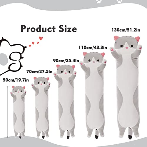 Grey Long Cat Plush Pillow - 19.6in Kawaii Kitten Stuffed Animal Body Pillow by NXNYNZ