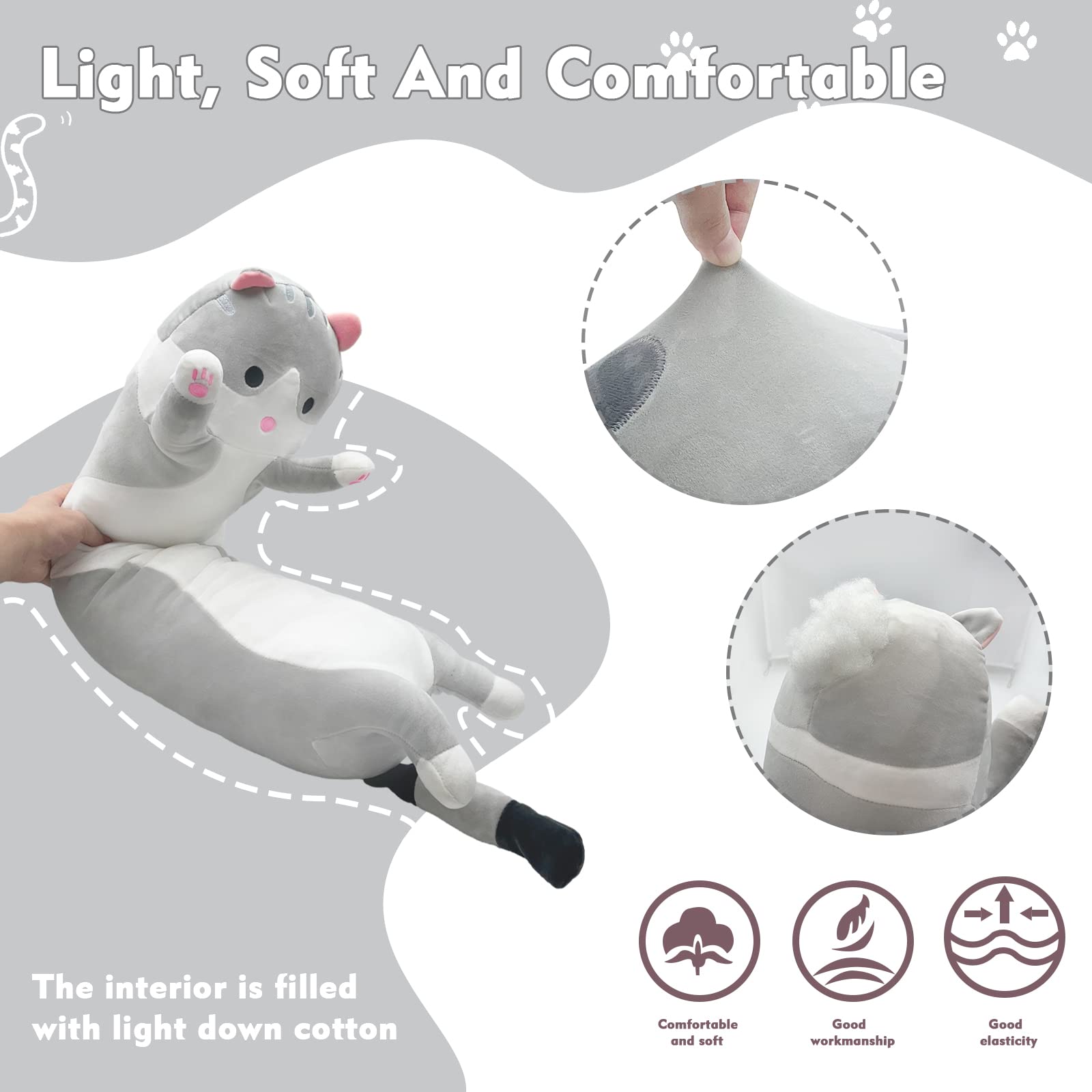 Grey Long Cat Plush Pillow - 19.6in Kawaii Kitten Stuffed Animal Body Pillow by NXNYNZ