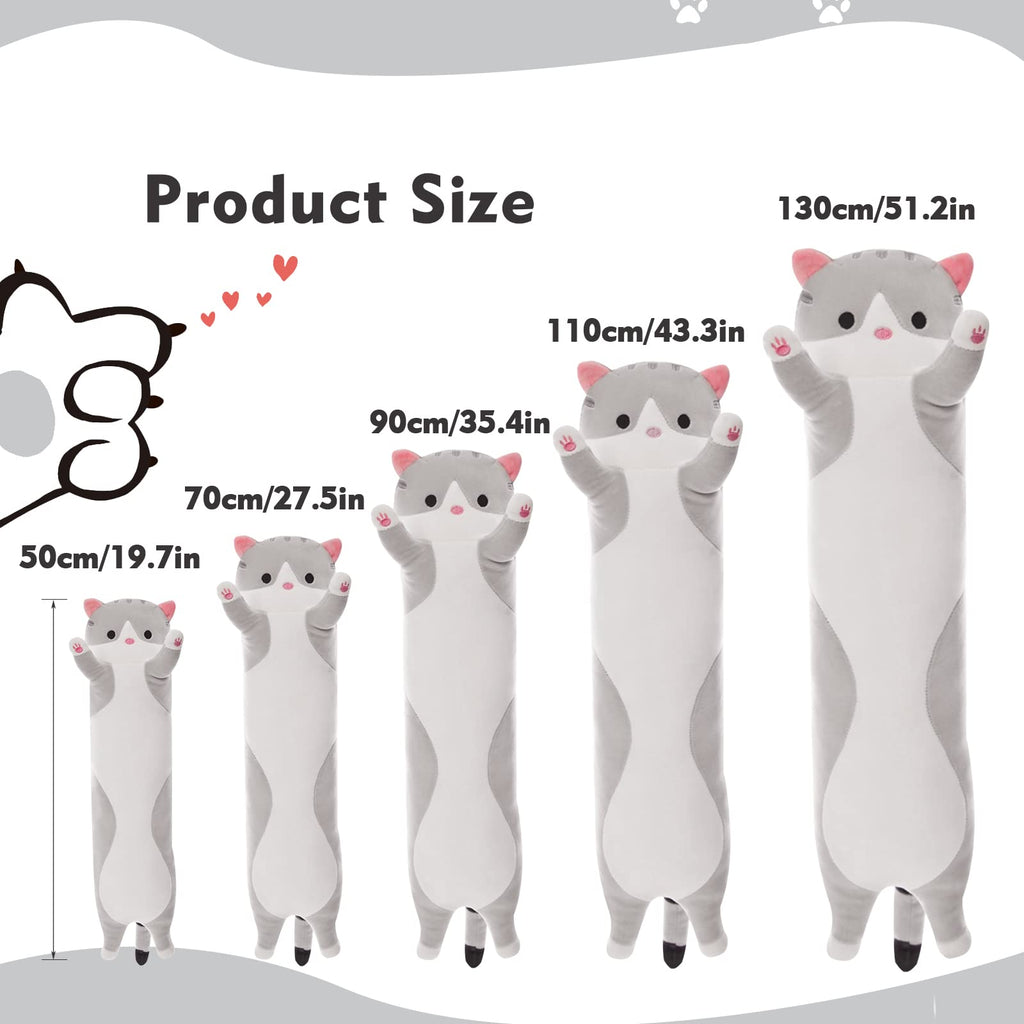 Grey Long Cat Plush Pillow - 19.6in Kawaii Kitten Stuffed Animal Body Pillow by NXNYNZ