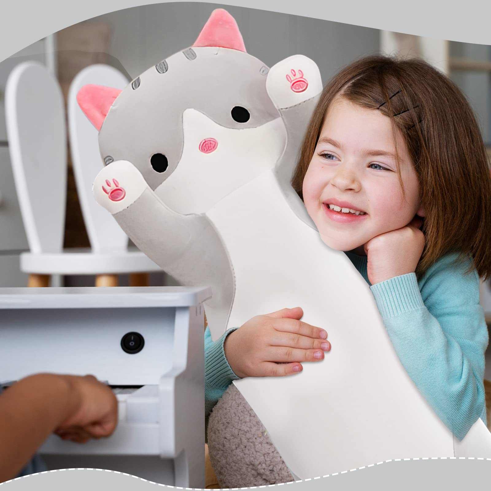 Grey Long Cat Plush Pillow - 19.6in Kawaii Kitten Stuffed Animal Body Pillow by NXNYNZ
