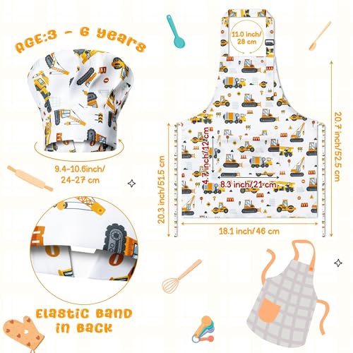 GROBRO7 4-Piece Kids Apron and Chef Hat Set – Dinosaurs & Construction Vehicles, Adjustable Waterproof Smocks for Ages 3-6