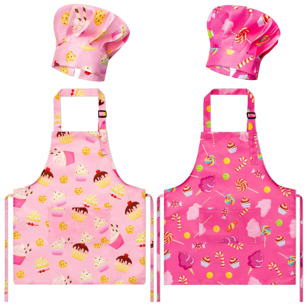 GROBRO7 4-Piece Kids Apron and Chef Hat Set for Ages 3-6, Candy and Cookie Prints, Adjustable, Waterproof