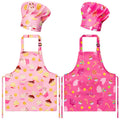 GROBRO7 4-Piece Kids Apron and Chef Hat Set for Ages 3-6, Candy and Cookie Prints, Adjustable, Waterproof