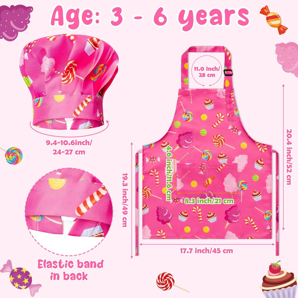 GROBRO7 4-Piece Kids Apron and Chef Hat Set for Ages 3-6, Candy and Cookie Prints, Adjustable, Waterproof
