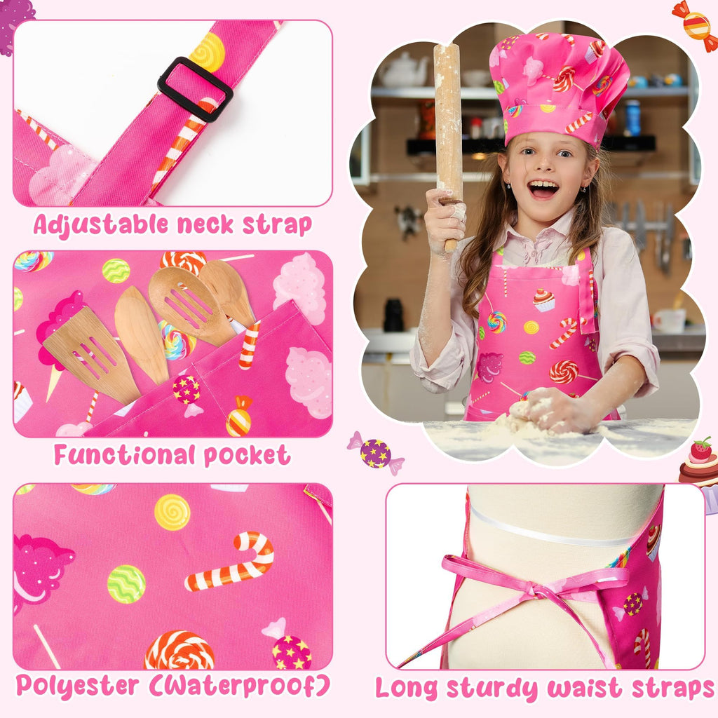 GROBRO7 4-Piece Kids Apron and Chef Hat Set for Ages 3-6, Candy and Cookie Prints, Adjustable, Waterproof