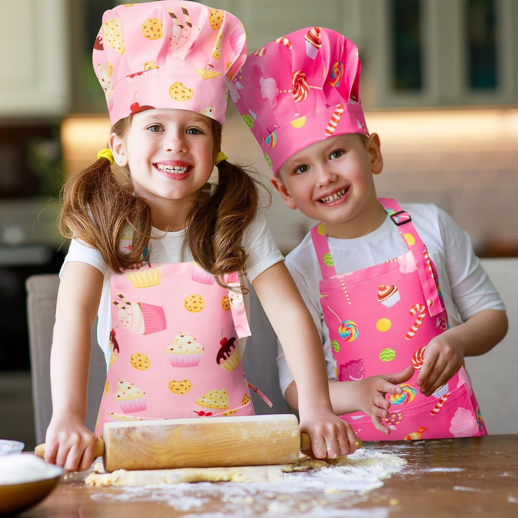 GROBRO7 4-Piece Kids Apron and Chef Hat Set for Ages 3-6, Candy and Cookie Prints, Adjustable, Waterproof