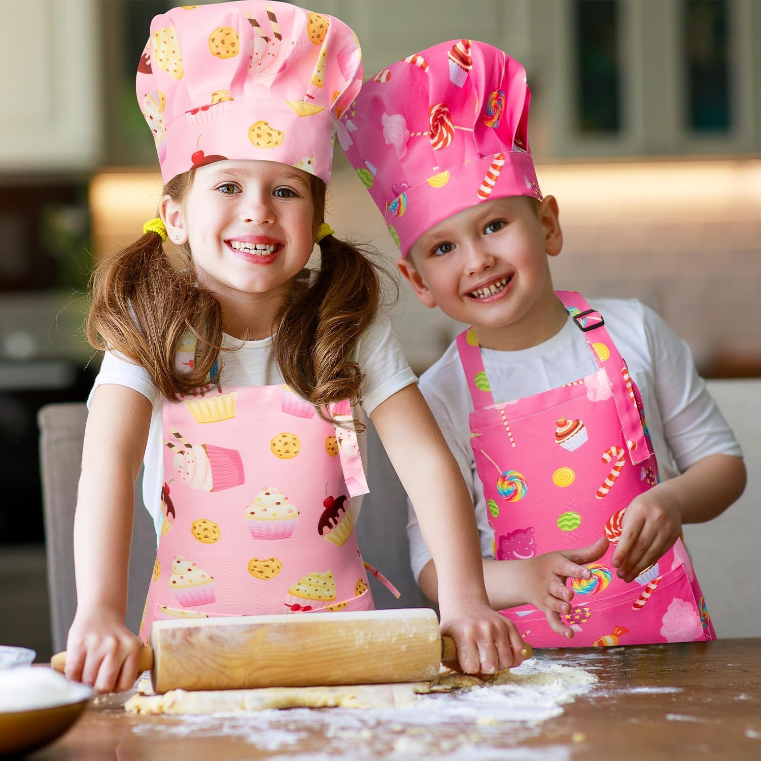 GROBRO7 4-Piece Kids Apron and Chef Hat Set for Ages 3-6, Candy and Cookie Prints, Adjustable, Waterproof