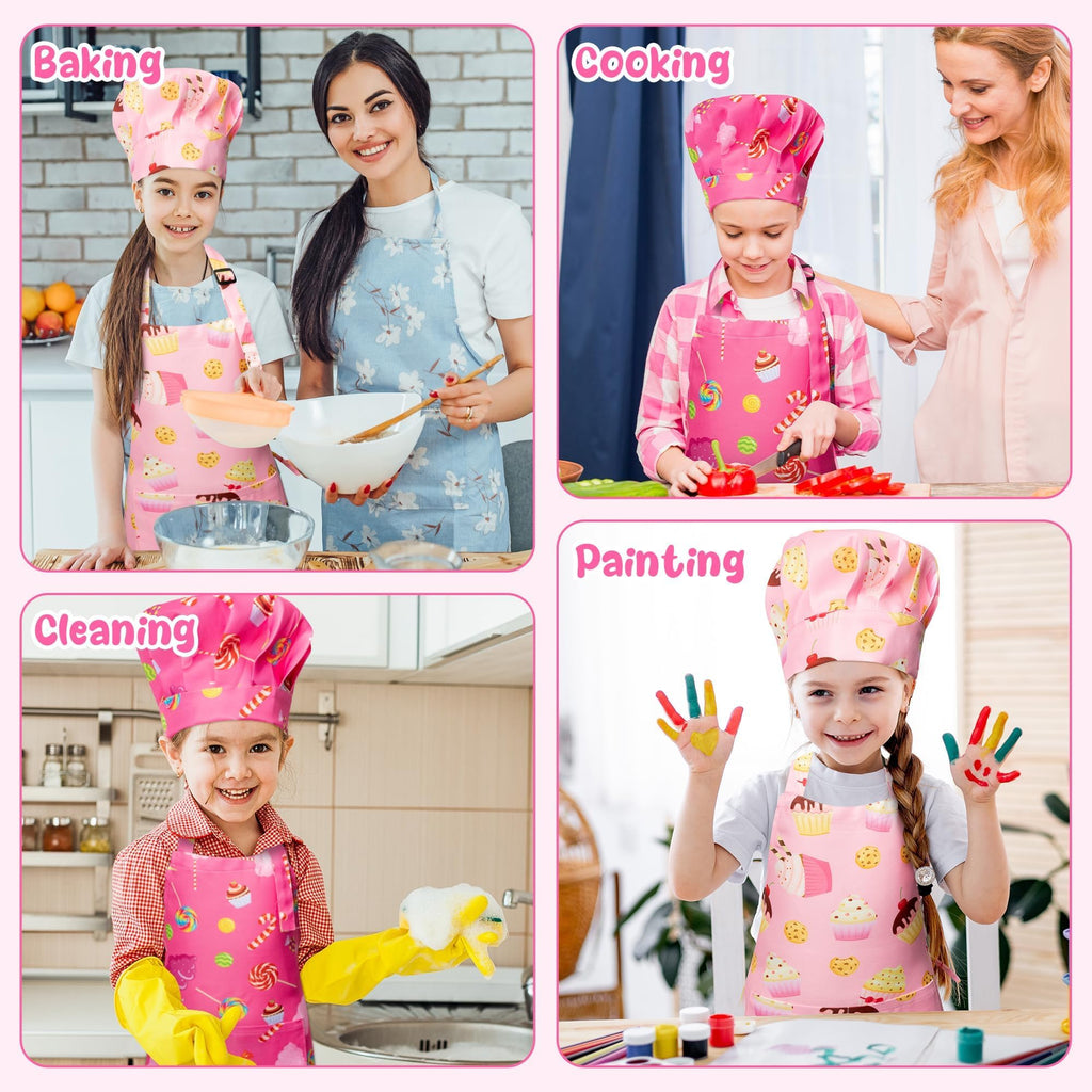 GROBRO7 4-Piece Kids Apron and Chef Hat Set for Ages 3-6, Candy and Cookie Prints, Adjustable, Waterproof