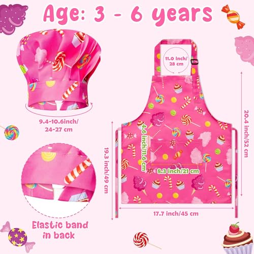 GROBRO7 4-Piece Kids Apron and Chef Hat Set for Ages 3-6, Candy and Cookie Prints, Adjustable, Waterproof