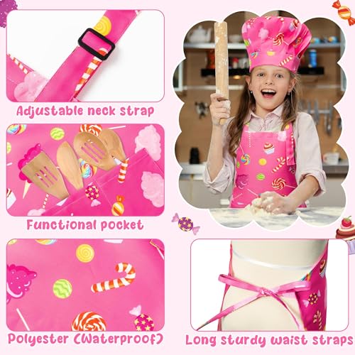 GROBRO7 4-Piece Kids Apron and Chef Hat Set for Ages 3-6, Candy and Cookie Prints, Adjustable, Waterproof