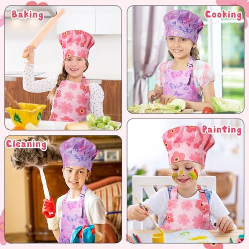 GROBRO7 Pink Floral Butterfly Kids Apron & Chef Hat Set (4 Pcs) - Adjustable Waterproof Smock for Girls Ages 3-6