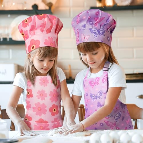 GROBRO7 Pink Floral Butterfly Kids Apron & Chef Hat Set (4 Pcs) - Adjustable Waterproof Smock for Girls Ages 3-6
