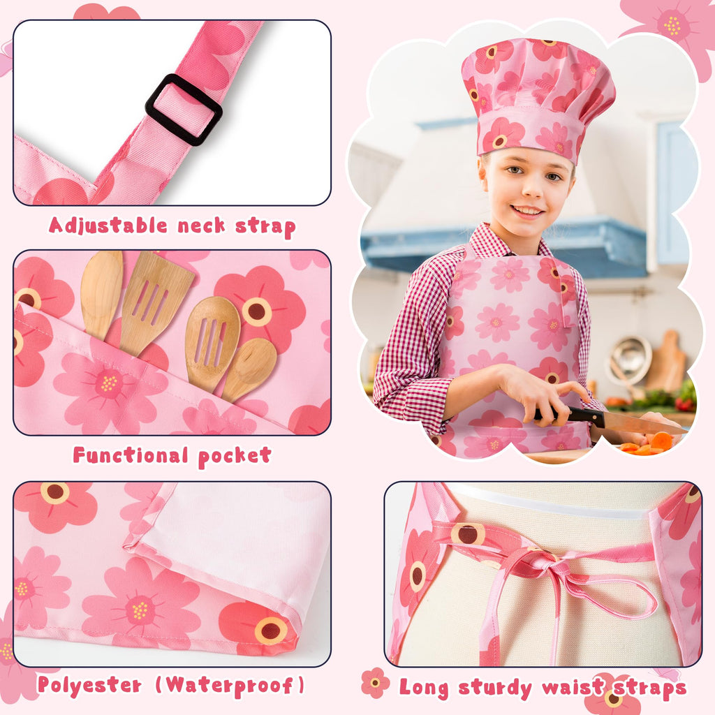 GROBRO7 Pink Floral Butterfly Kids Apron & Chef Hat Set (4 Pcs) - Adjustable Waterproof Smock for Girls Ages 3-6