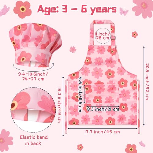 GROBRO7 Pink Floral Butterfly Kids Apron & Chef Hat Set (4 Pcs) - Adjustable Waterproof Smock for Girls Ages 3-6