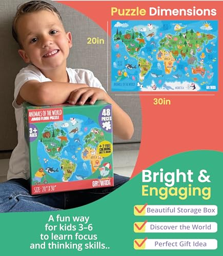 GROWONDER Floor Puzzle for Kids Ages 3-8 – 48 Piece Animals of the World with 2 Coloring Posters