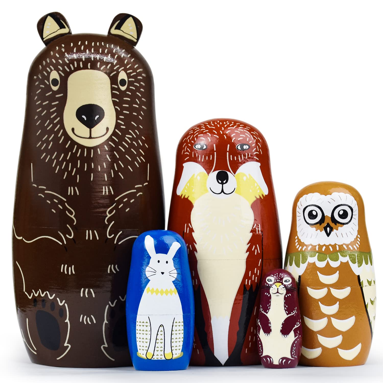 GRPSKCOS Animal Russian Nesting Dolls – 5-Piece Handmade Wooden Matryoshka Set (Bear, Fox, Owl, Rabbit, Raccoon)