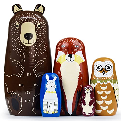 GRPSKCOS Animal Russian Nesting Dolls – 5-Piece Handmade Wooden Matryoshka Set (Bear, Fox, Owl, Rabbit, Raccoon)