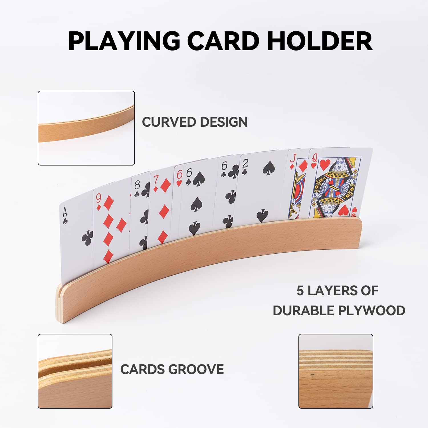 GSE Games & Sports Expert 4-Pack Wooden Card Holders – Curved 12.5-Inch Playing Card Racks for Bridge, Rummy, UNO & More
