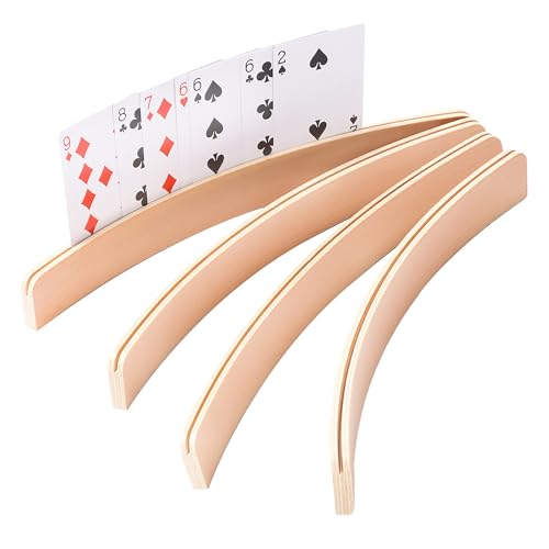 GSE Games & Sports Expert 4-Pack Wooden Card Holders – Curved 12.5-Inch Playing Card Racks for Bridge, Rummy, UNO & More